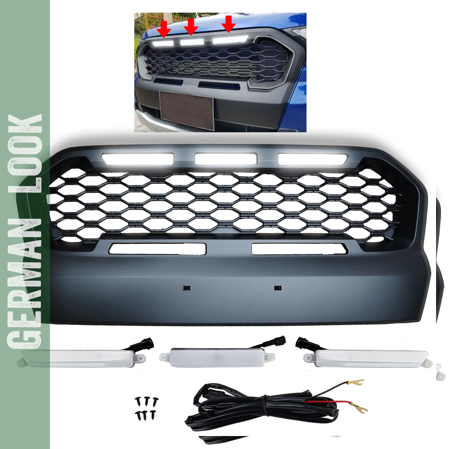 Calandre nid d'abeille sport noire avec LED pour Ford Ranger T7 2016-2019 2.2 3.2