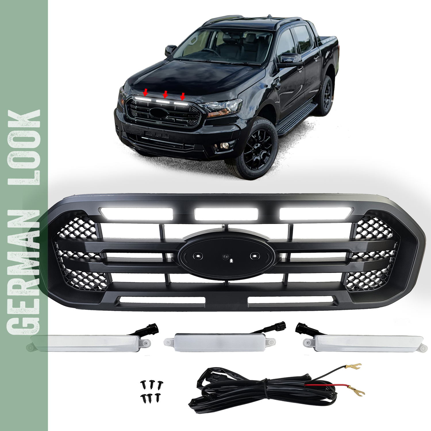 Calandre noire double barre avec LED pour Ford Ranger T8 19-23 2.0 TDCi