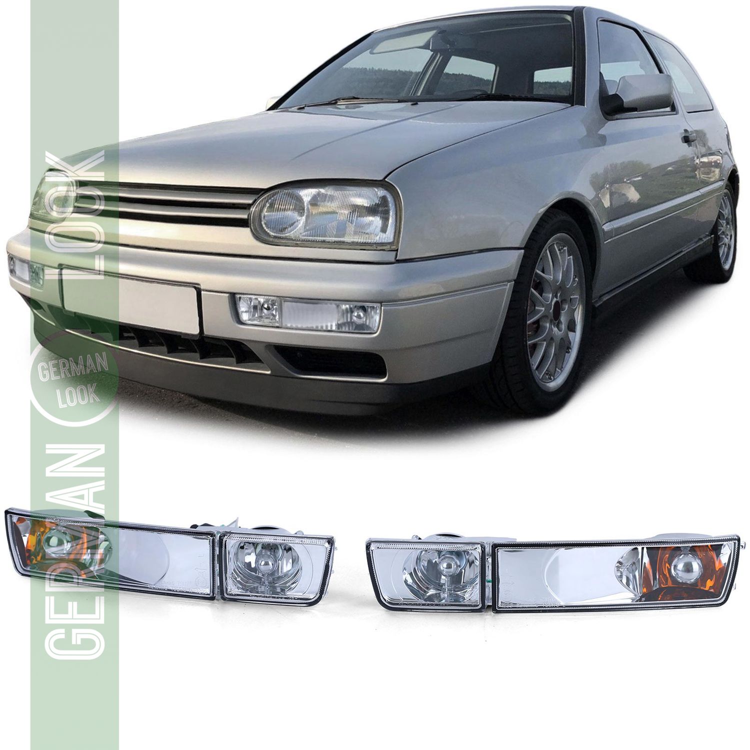 Clignotants en verre transparent + kit antibrouillard chromés pour VW Golf 3 91-97
