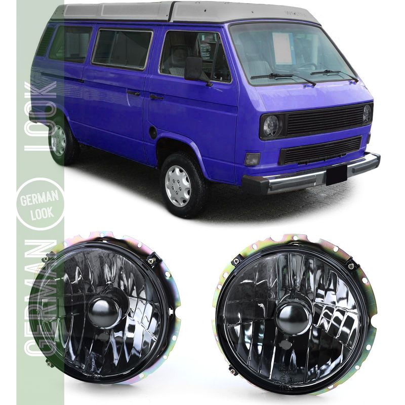 Phares en verre transparent noir fumé H4 paire pour VW T2 73-79 + T3 79-92