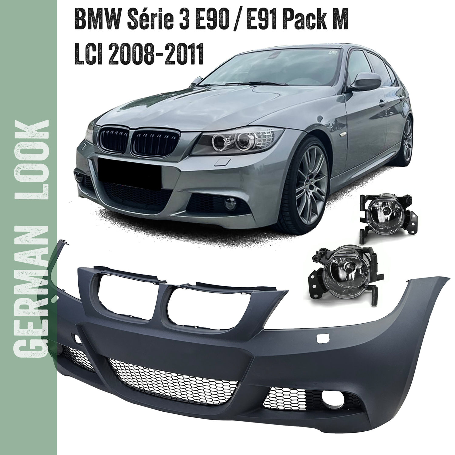 Pare-chocs avant Pack M pour BMW Série 3 E90 E91 LCI berline touring 2008-2011 + Antibrouillards blanc