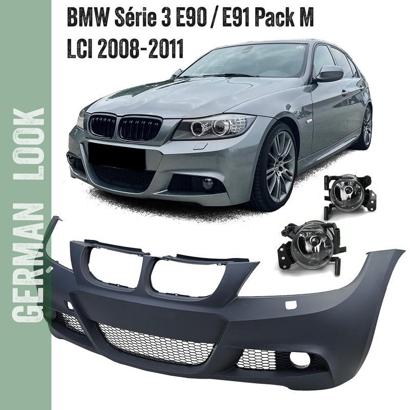 Pare-chocs avant Pack M pour BMW Série 3 E90 E91 LCI berline touring 2008-2011 + Antibrouillards blanc