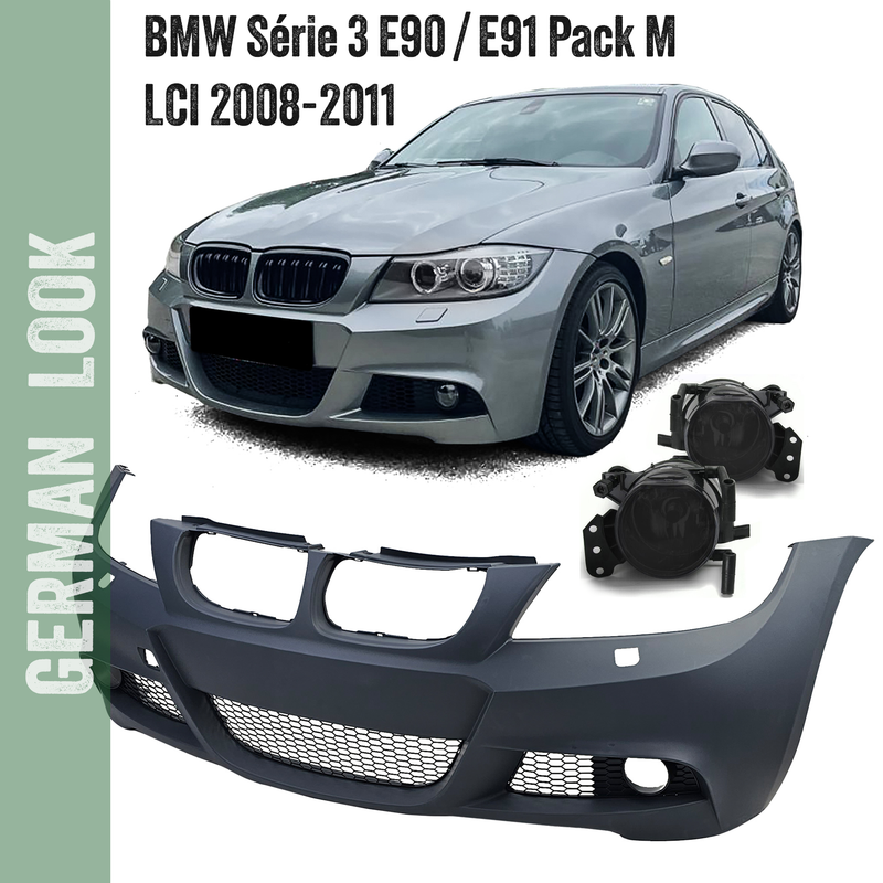 Pare-chocs avant Pack M pour BMW Série 3 E90 E91 LCI berline touring 2008-2011 + Antibrouillards noir