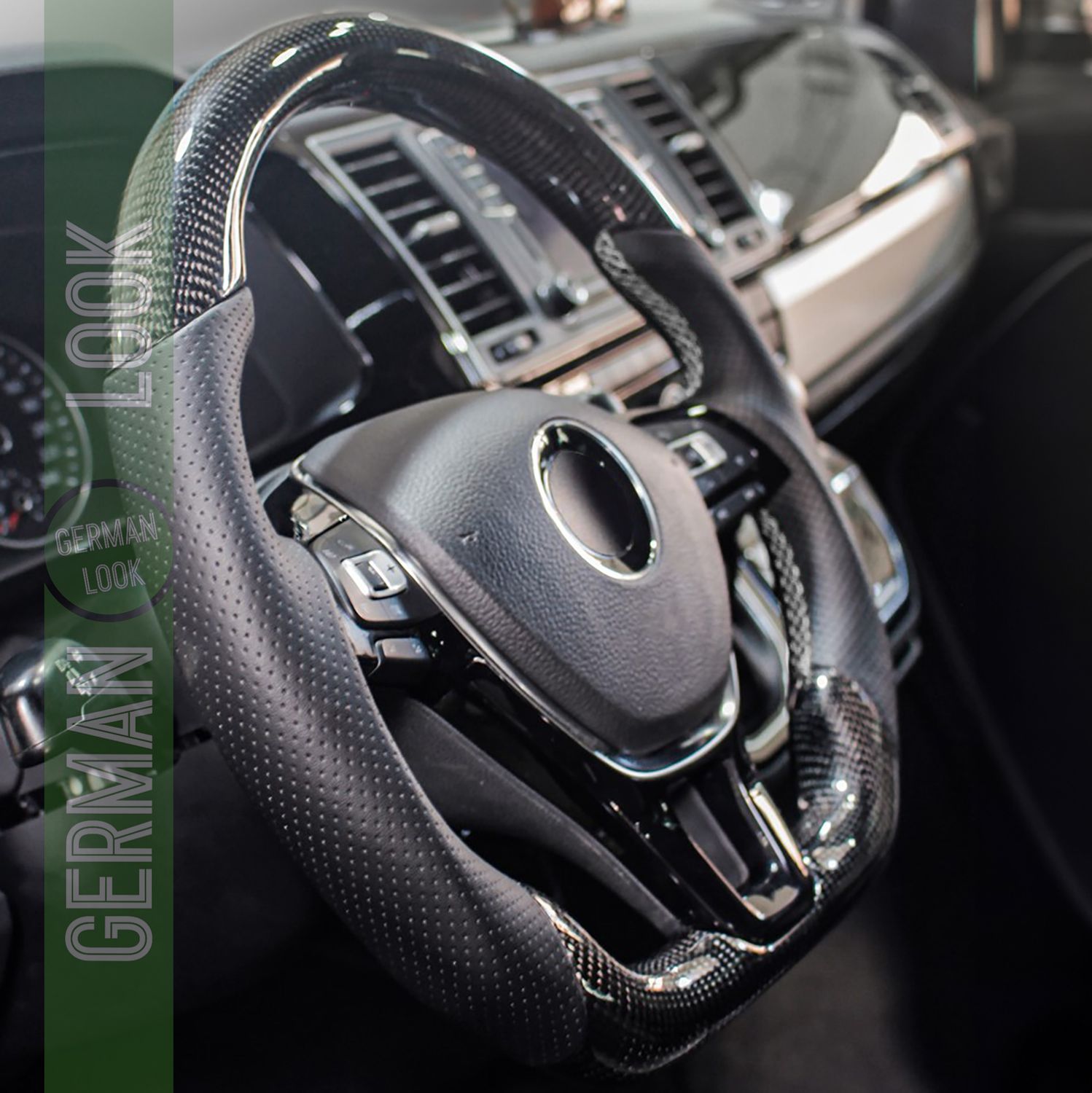 Volant sport en carbone véritable et cuir perforé pour VW T6 avec palettes de changement de vitesse