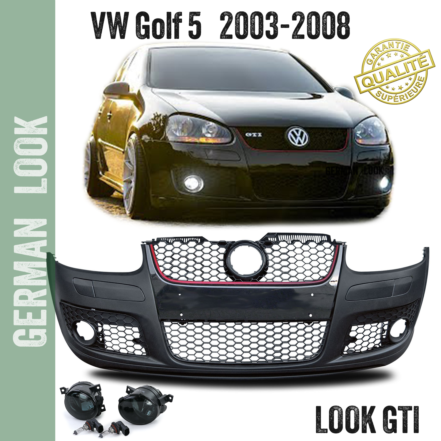 Pare chocs avant Look GTI + grilles nid d'abeille pour VW Golf 5 + Antibrouillards noir