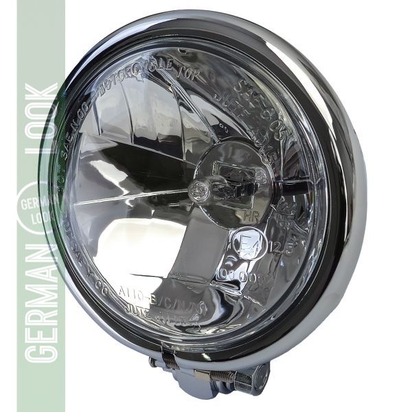 Phare de moto H3 en verre transparent universel, boîtier en acier chromé avec marque E
