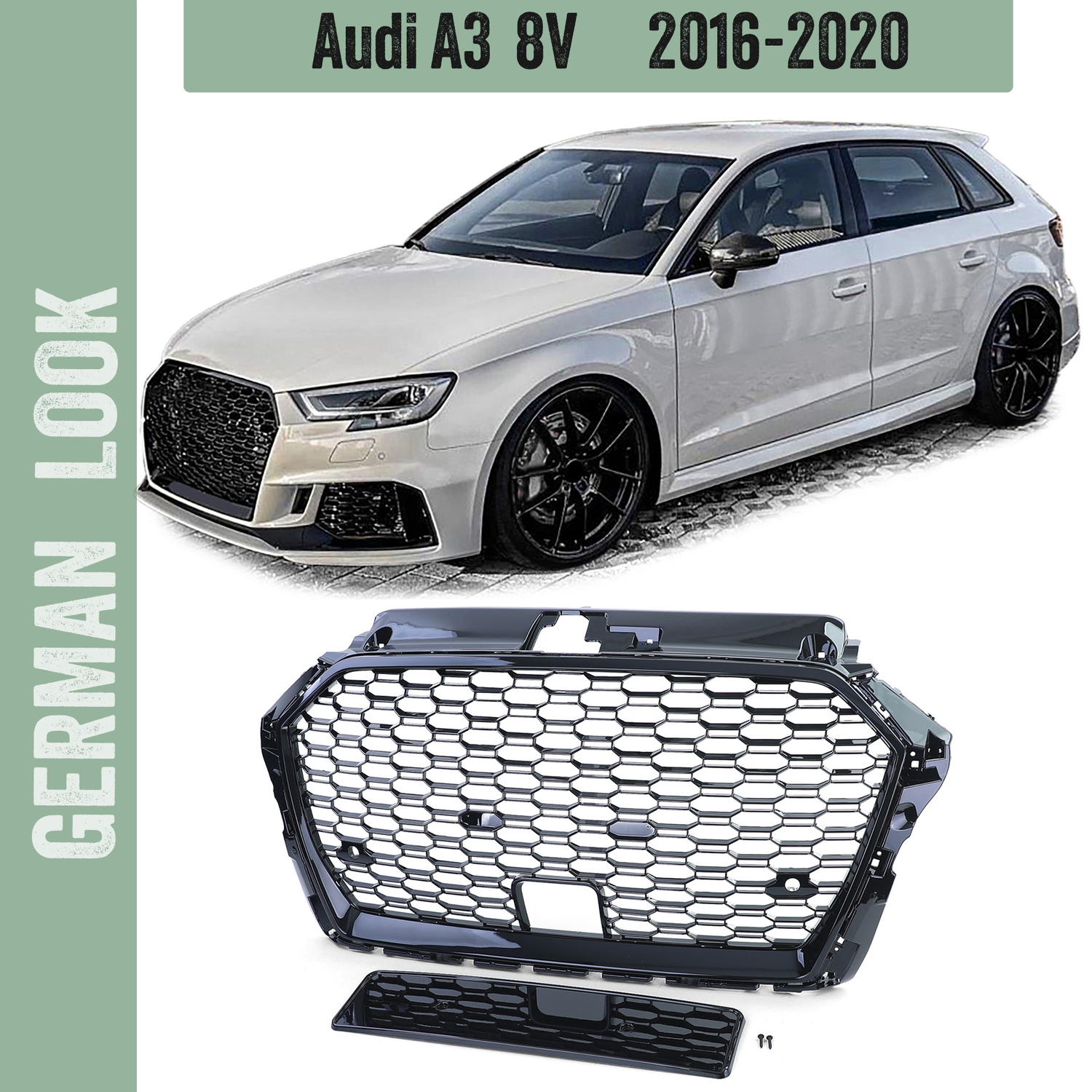 Calandre sport calandre nid d'abeille noir brillant pour Audi A3 8V 16-20 avec ACC