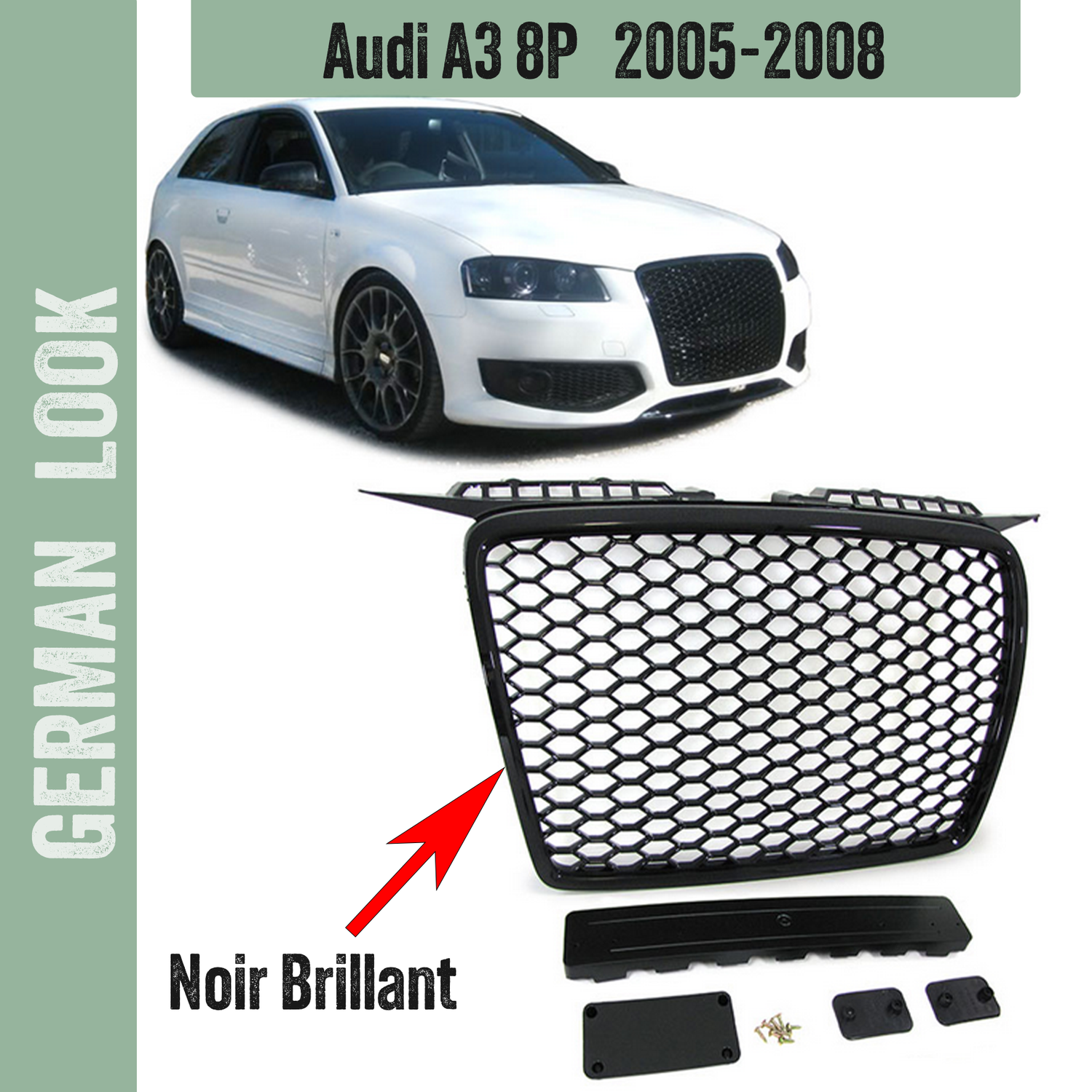 Calandre / Grille Audi A3 8P Phase 1 Look RS3 / Nid'Abeille Noir Brillant 2005-2008