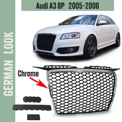 Calandre / Grille Audi A3 8P Phase 1 Look RS3 / Nid'Abeille Noir avec Contour Chrome 2005-2008