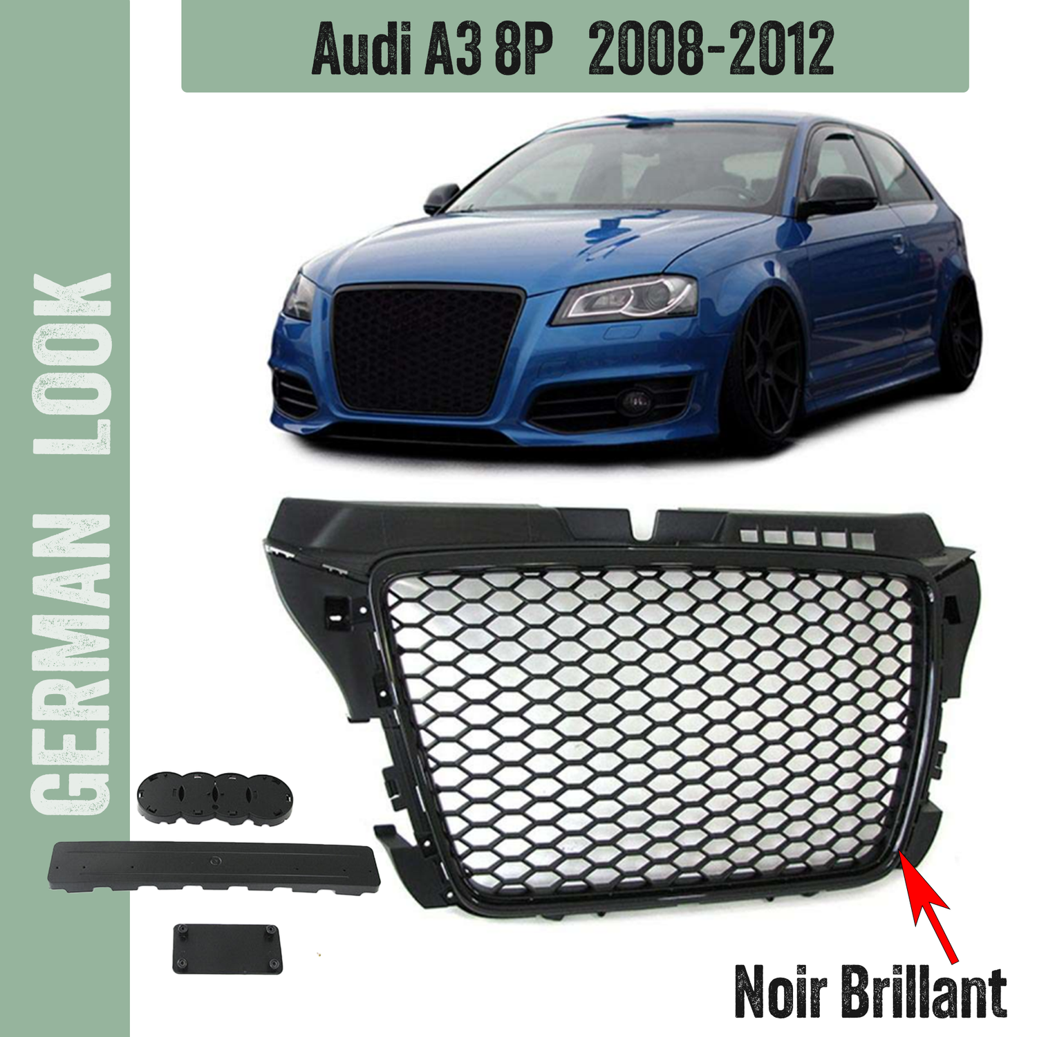 Calandre / Grille Audi A3 8P Phase 2 Look RS3 / Nid'Abeille Noir Brillant 2008 - 2012