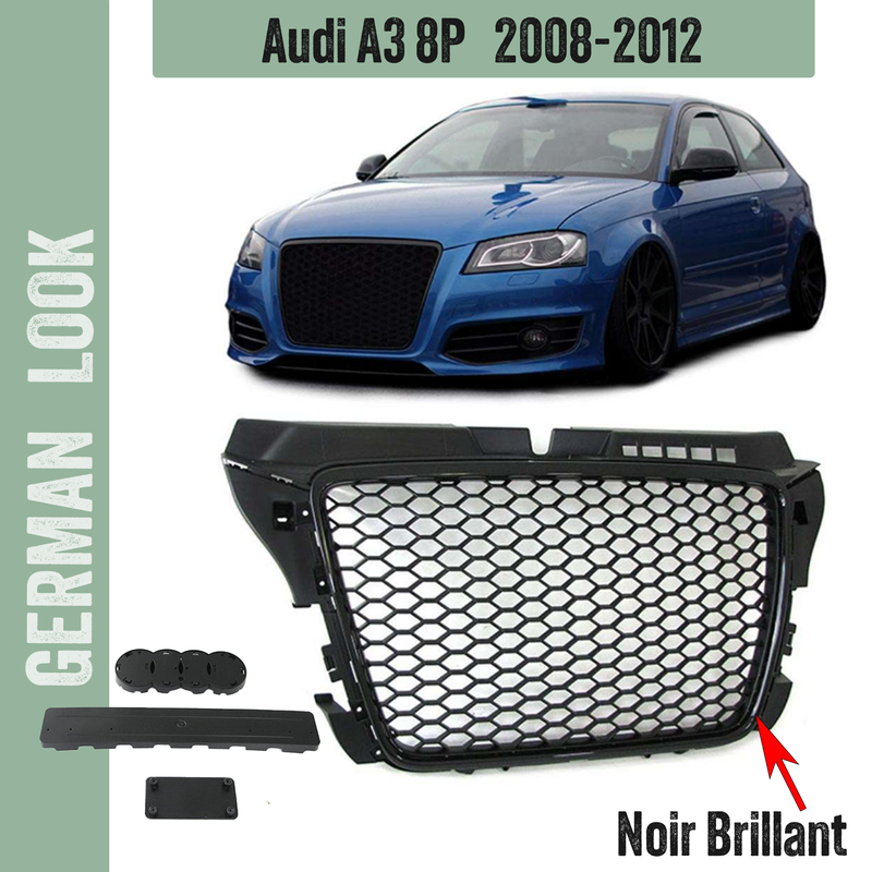 Calandre / Grille Audi A3 8P Phase 2 Look RS3 / Nid'Abeille Noir Brillant 2008 - 2012