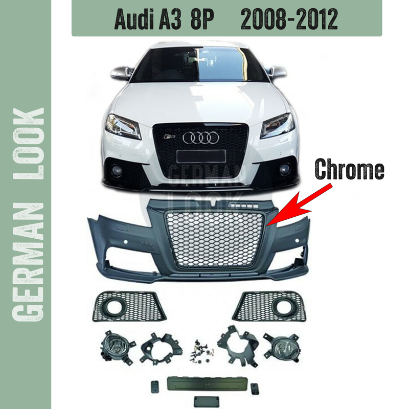 Pare chocs avant look RS3 pour AUDI A3 8P de 2008 à 2012 + calandre chrome + antibrouillards