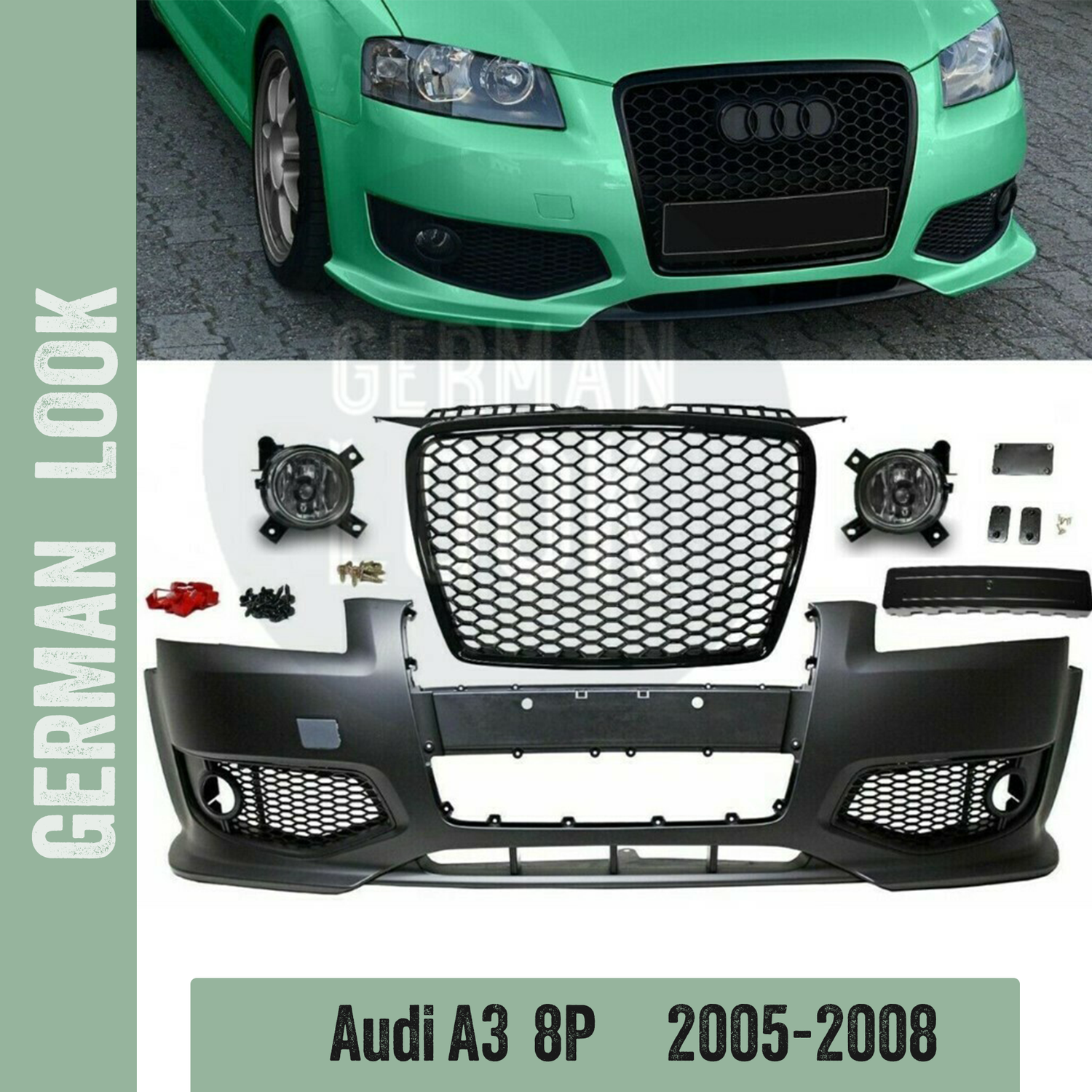 Pare chocs avant look RS3 pour AUDI A3 8P de 2005 à 2008 + calandre noir brillant + antibrouillards