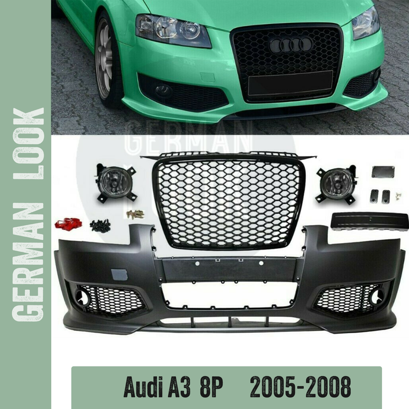 Pare chocs avant look RS3 pour AUDI A3 8P de 2005 à 2008 + calandre noir brillant + antibrouillards