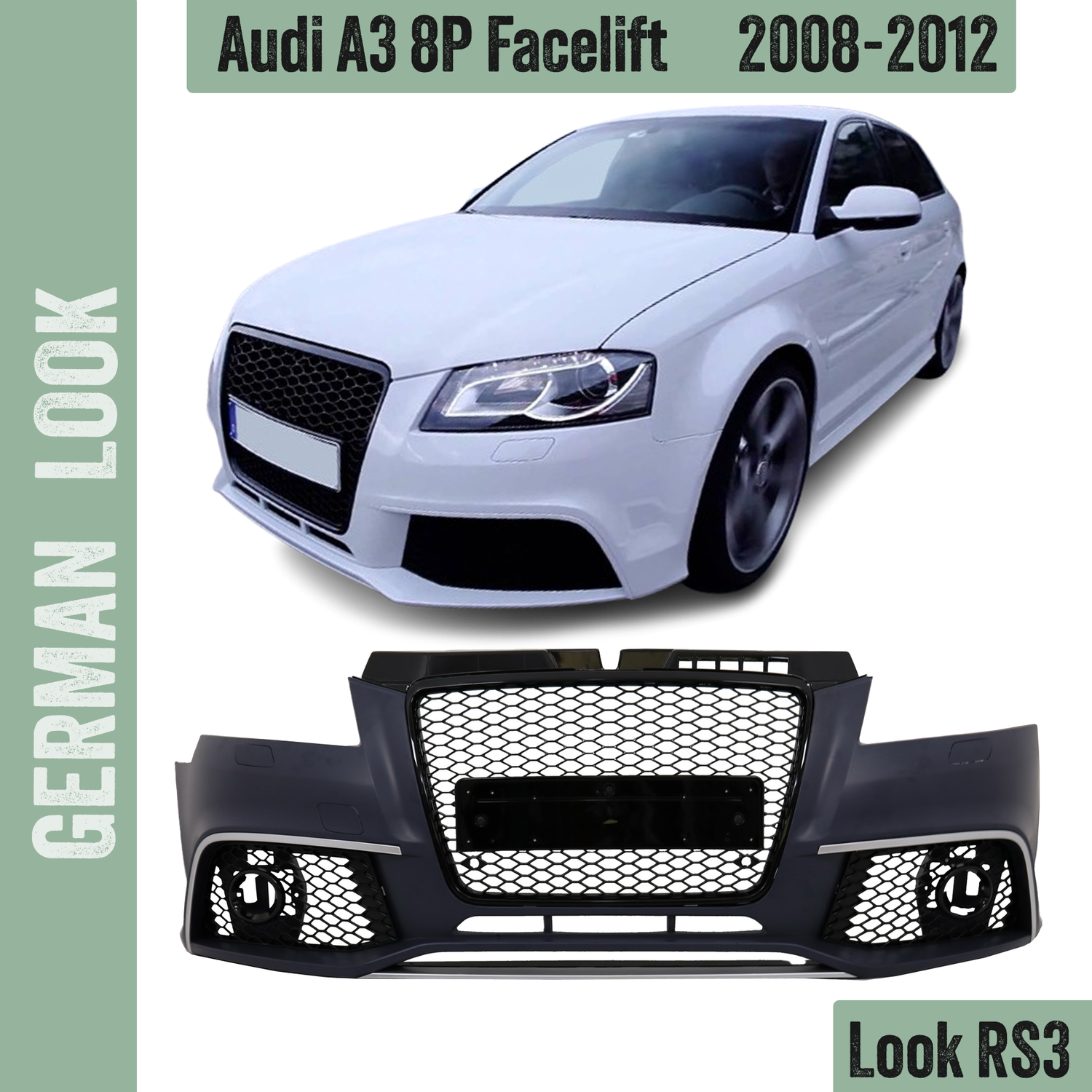 Pare-chocs avant look RS3 pour AUDI A3 8P de 2008 à 2012 + calandre noir brillant + antibrouillards