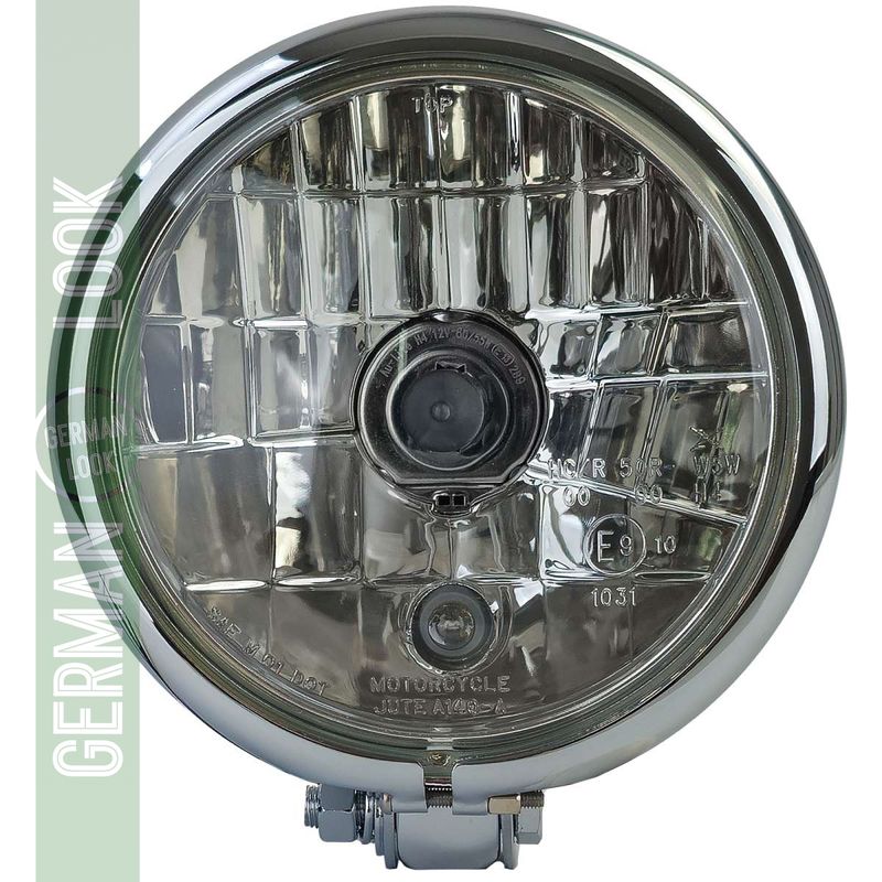 Phare universel en verre transparent H4 style Bates chromé 5 3/4 pouces homologué E Harley