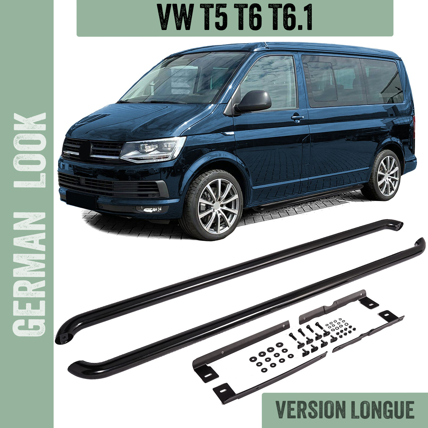 Marchepieds / tubes latéraux en acier inoxydable noir brillant pour VW T5 T6 T6.1 empattement long