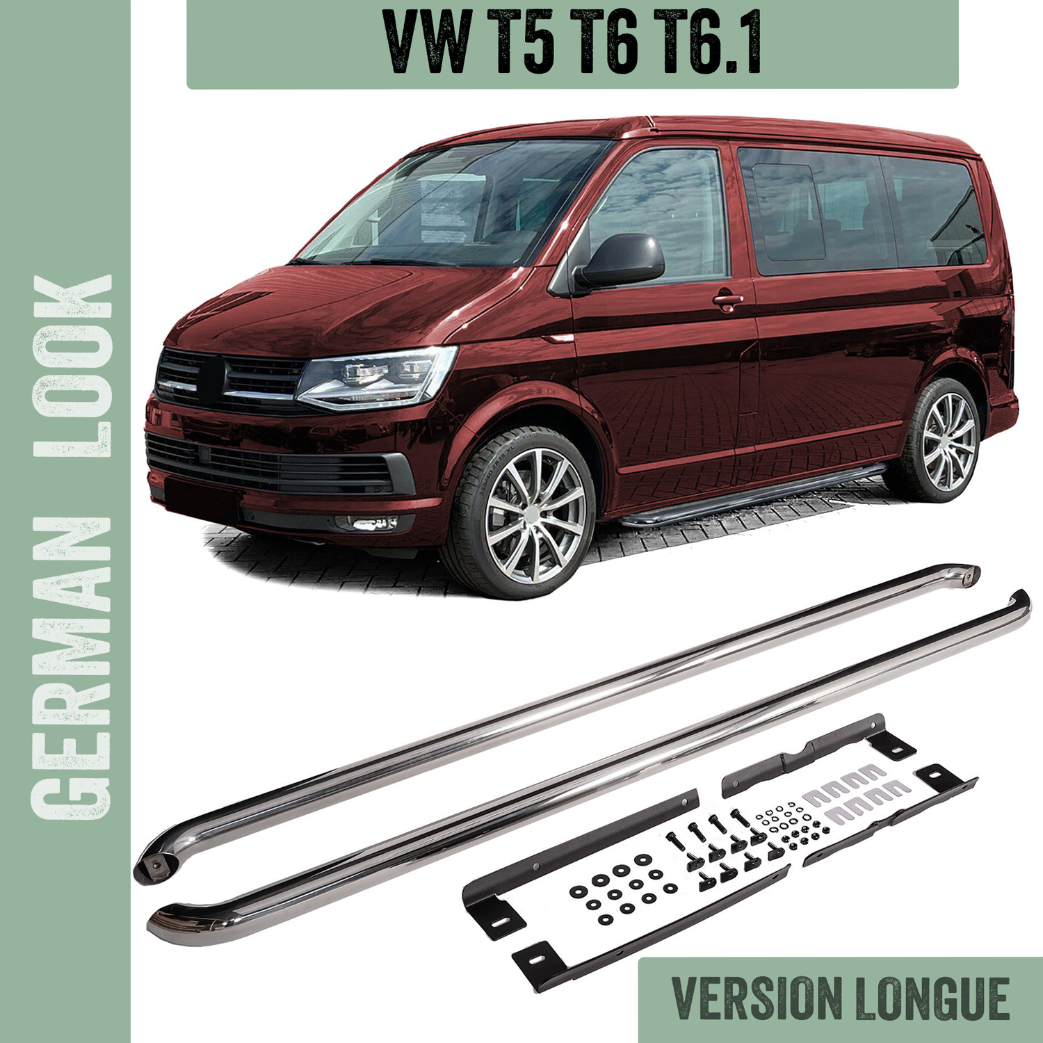 Marchepieds / tubes latéraux en acier inoxydable chome pour VW T5 T6 T6.1 empattement long
