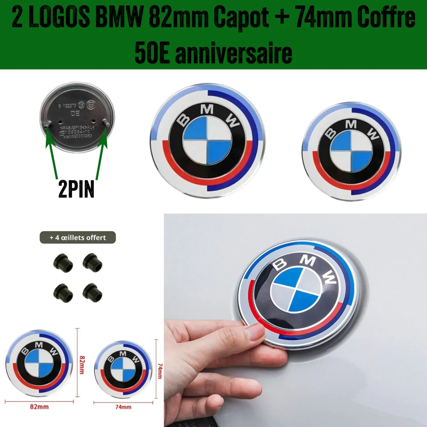 2x Logo Insigne emblème pour Capot 82mm + Coffre de 74mm BMW 50Eme anniversaire 2x Logo Insigne emblème pour Capot 82mm + Coffre de 74mm BMW 50Eme anniversaire
