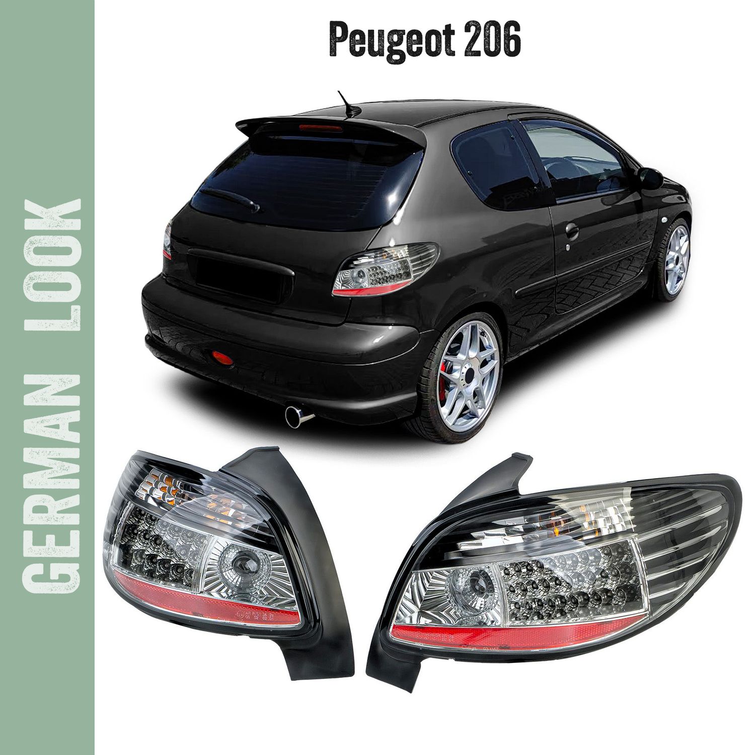 Feux arrière à LED verre transparent noir pour Peugeot 206 berline 3 et 5 portes (1998-2009)