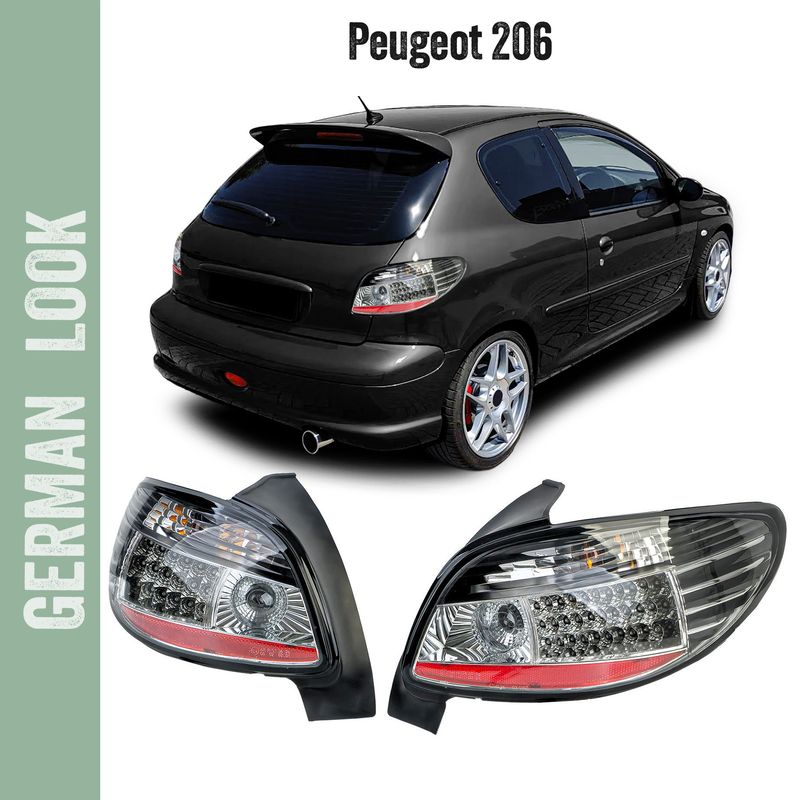 Feux arrière à LED verre transparent noir pour Peugeot 206 berline 3 et 5 portes (1998-2009)