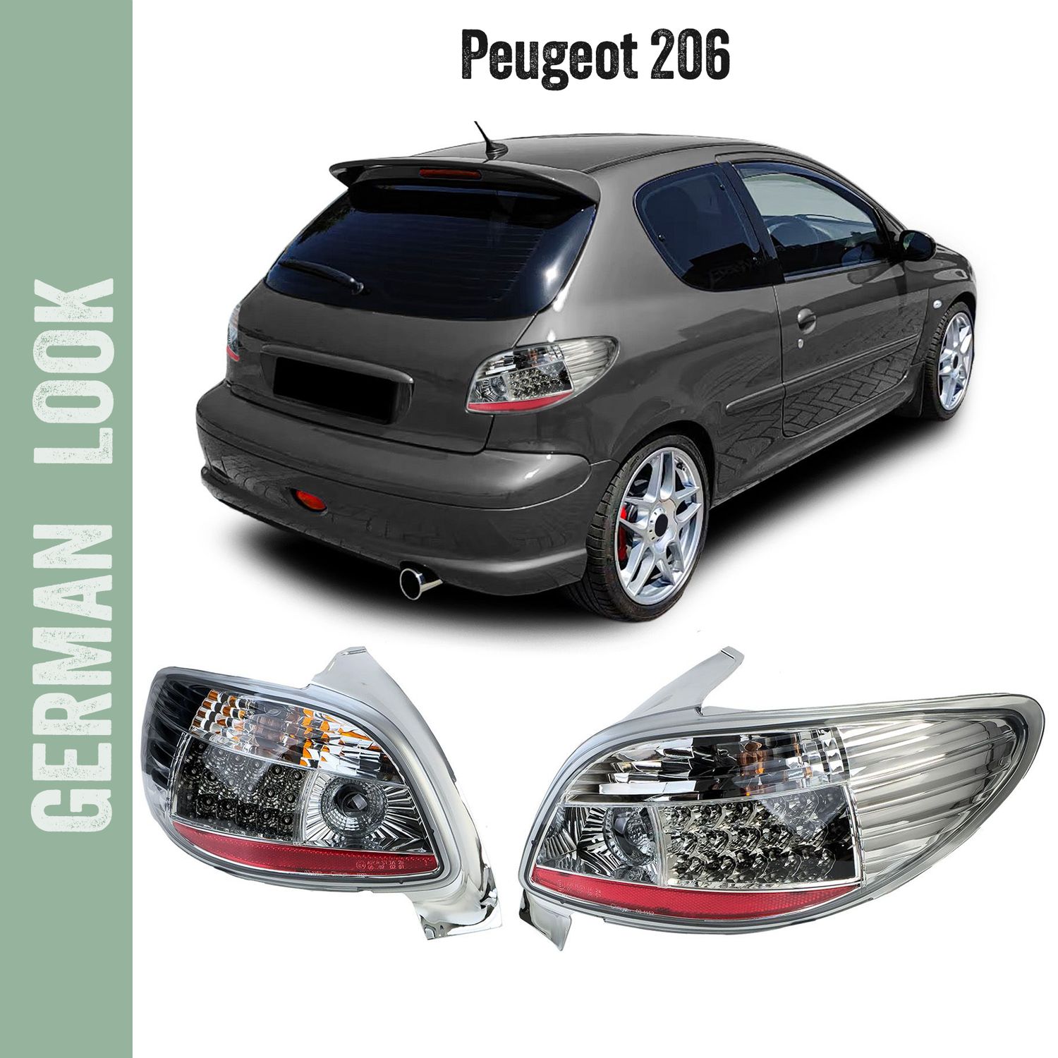 Feux arrière à LED, verre transparent, chromés, pour Peugeot 206 berline 3 et 5 portes (1998-2009).
