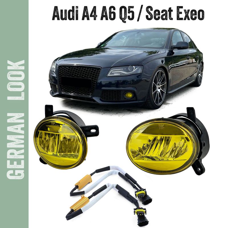 Faróis de nevoeiro LED amarelos para Audi A4 8K, A6 4F, Q5 e Seat Exeo.