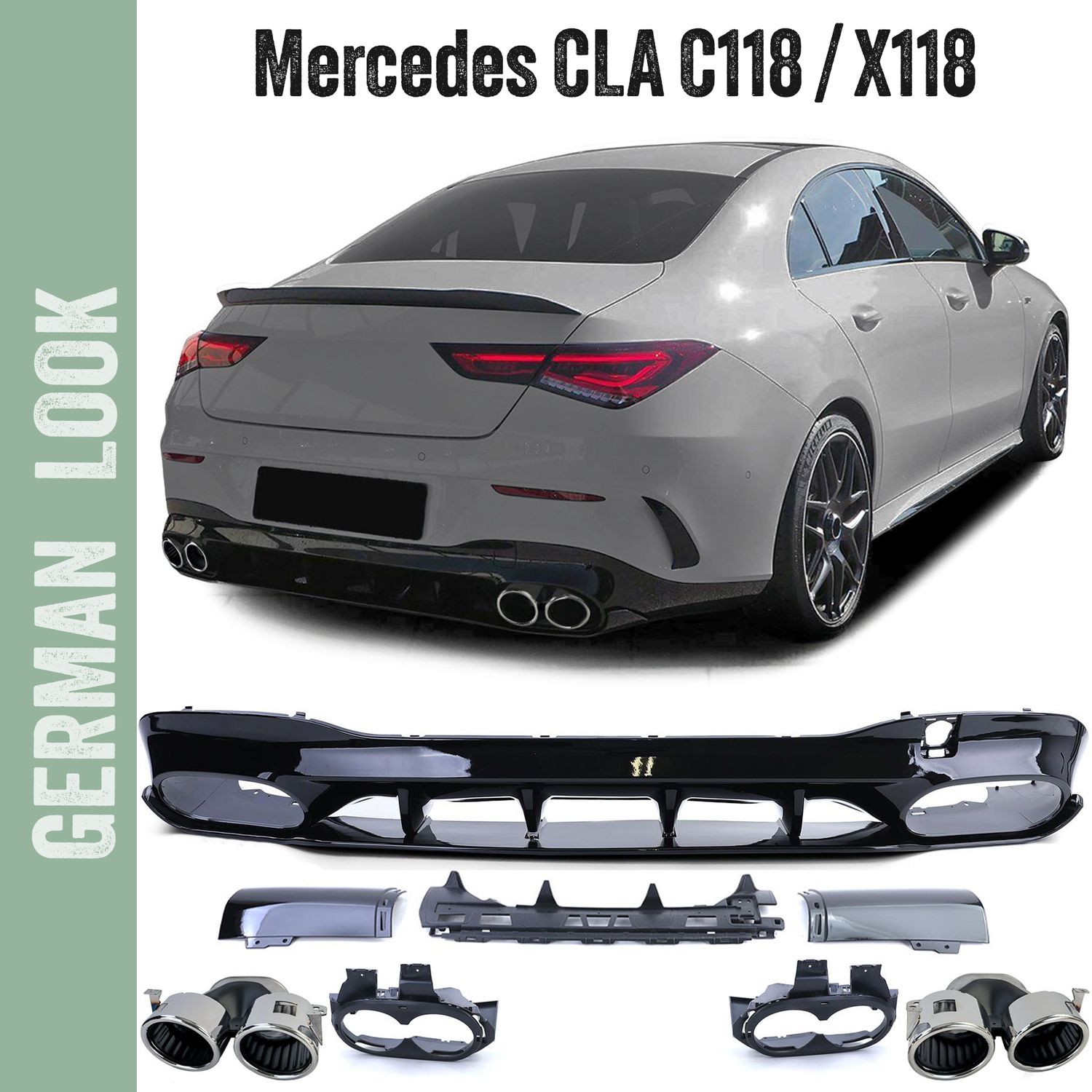 Diffuseur arrière noir brillant + double sortie d'échappement chromée pour Mercedes CLA C118 X118