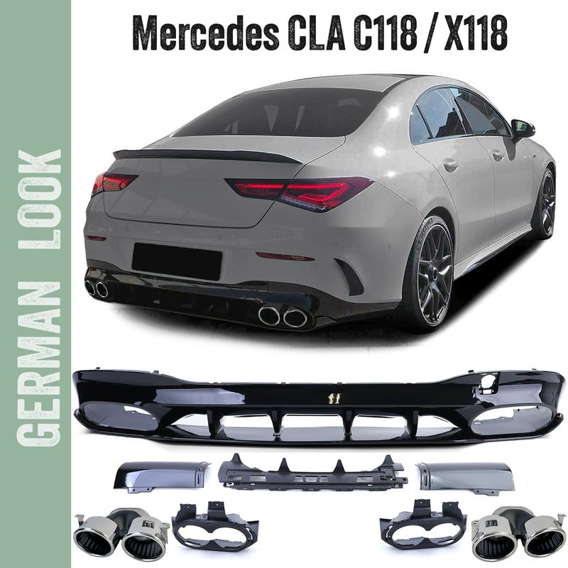 Difusor traseiro em preto brilhante + ponteiras de escape duplas cromadas para Mercedes CLA C118 X118