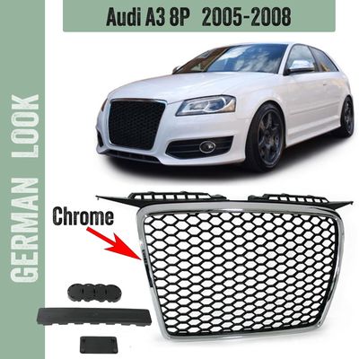 Calandre / Grille Audi A3 8P Phase 1 Look RS3 / Nid'Abeille Noir avec Contour Chrome 2005-2008 Calandre / Grille Audi A3 8P Phase 1 Look RS3 / Nid'Abeille Noir avec Contour Chrome 2005-2008