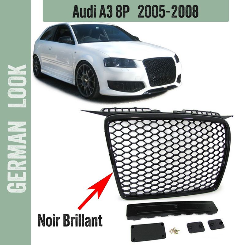 Grelha/ Grade Audi A3 8P Fase 1 Look RS3 / Formato Favo de Mel Preto Brilhante 2005-2008