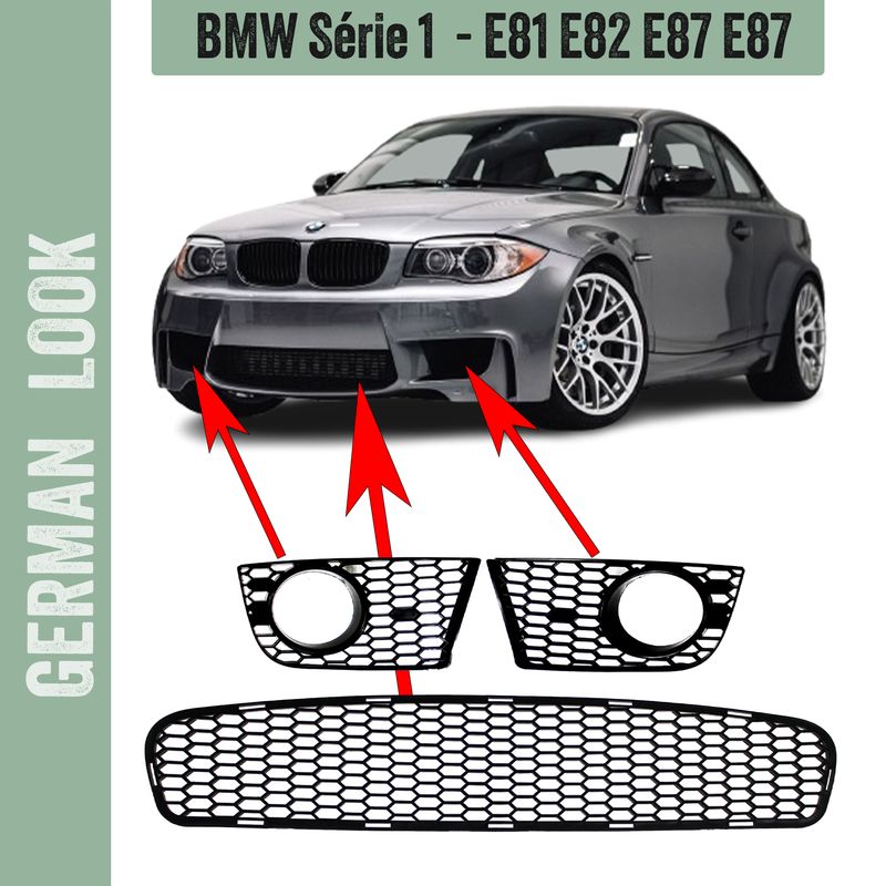 3 Grilles de pare-chocs avant BMW Série 1 E81 E82 E87 E88 – Look M1 1M Performance nid d’abeille
