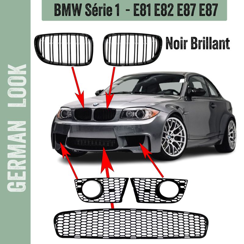 5 Grilles de pare-chocs avant BMW Série 1 E81 E82 E87 E88 – Look M1 1M Performance nid d’abeille