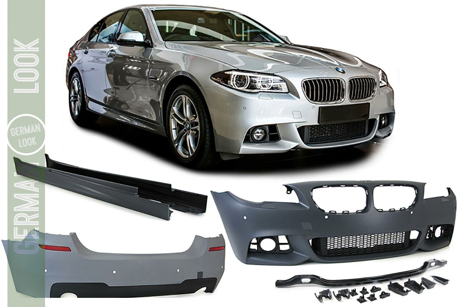 Kit de carrosserie complet pour BMW Série 5 LCI F10 2013-2017 style Pack M / Performance avec emplacements PDC 2 sorties d’échappement style 35I / 35D Kit de carrosserie complet pour BMW 5 LCI F10 2013-2017 style Pack M / avec emplacements PDC 2 sort…