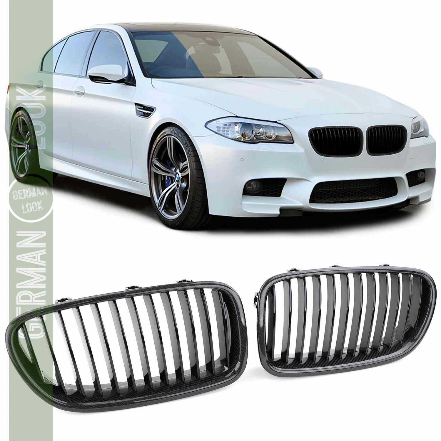 Calandre BMW Série 5 F10 F11 (2010-2017) noir carbone Look Pack M Performance double lame Calandre BMW Série 5 F10 F11 (2010-2017) noir carbone Look Pack M Performance double lame