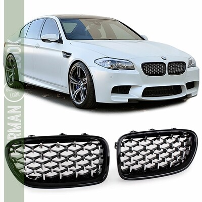 Grelha dianteira diamante preta brilhante e cromada para BMW Série 5 F10 F11 Grelha dianteira diamante preta brilhante e cromada para BMW Série 5 F10 F11