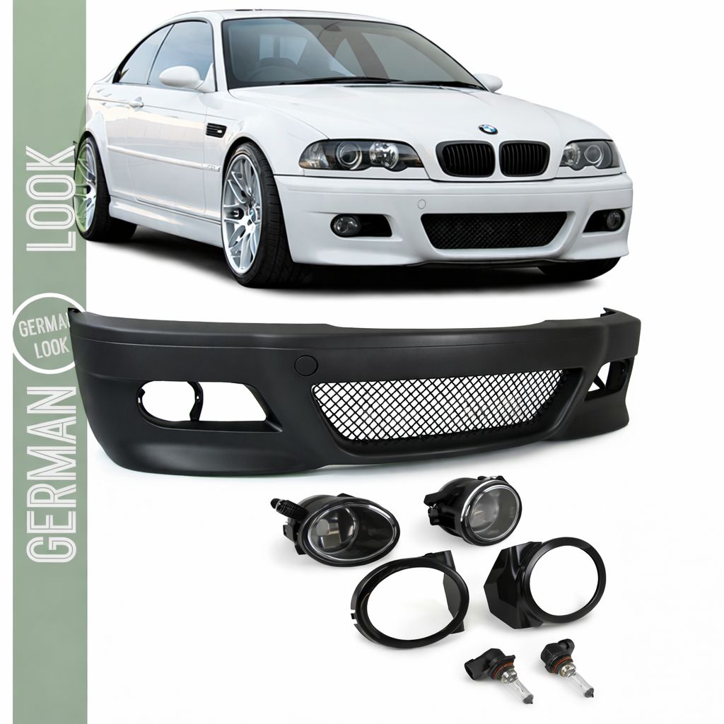 Pare-chocs avant BMW Série 3 E46 Look M3 en ABS – Coupé & Cabriolet 1998-2006 avec antibrouillards blanc Pare-chocs avant BMW Série 3 E46 Look M3 en ABS – Coupé & Cabriolet 1998-2006 avec antibrouillards blanc
