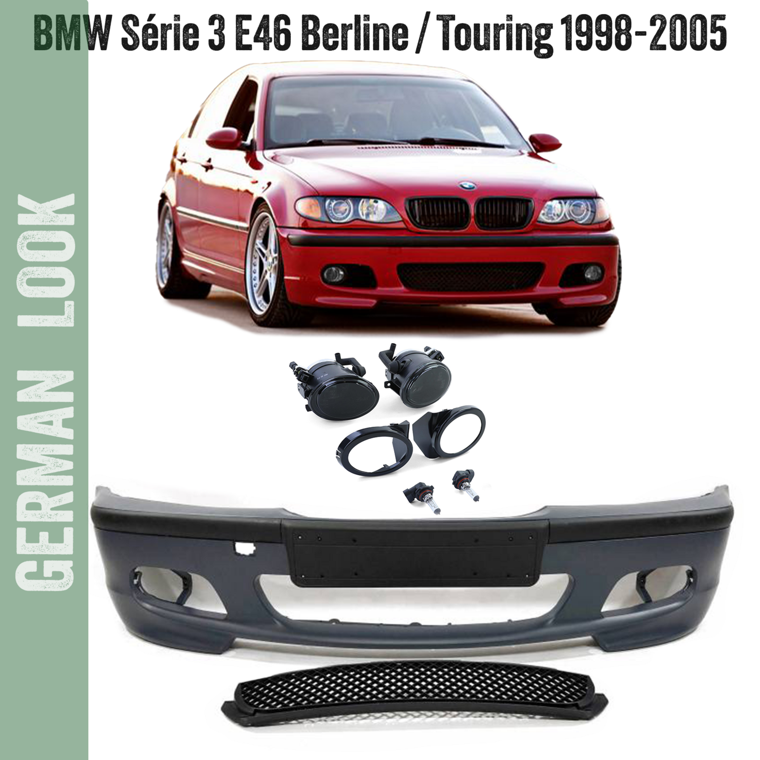 Frontstoßstange BMW 3er E46 Pack M / M2 – Limousine & Touring 1998-2005 mit weißen Nebelscheinwerferns Frontstoßstange BMW 3er E46 Pack M / M2 – Limousine & Touring 1998-2005 mit weißen Nebelscheinwerfe…