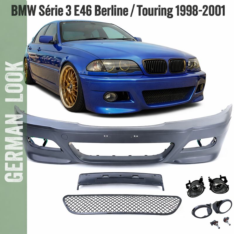 Pare-chocs avant BMW Série 3 E46 Look M3 – Berline & Touring 1998-2005 avec antibrouillards blanc ABS