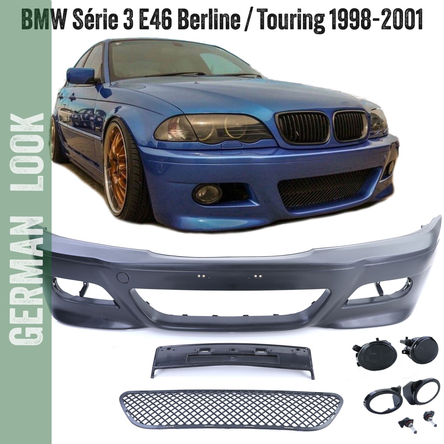 Pare-chocs avant BMW Série 3 E46 Look M3 – Berline & Touring 1998-2005 avec antibrouillards noir ABS Pare-chocs avant BMW Série 3 E46 Look M3 – Berline & Touring 1998-2005 avec antibrouillards noir ABS