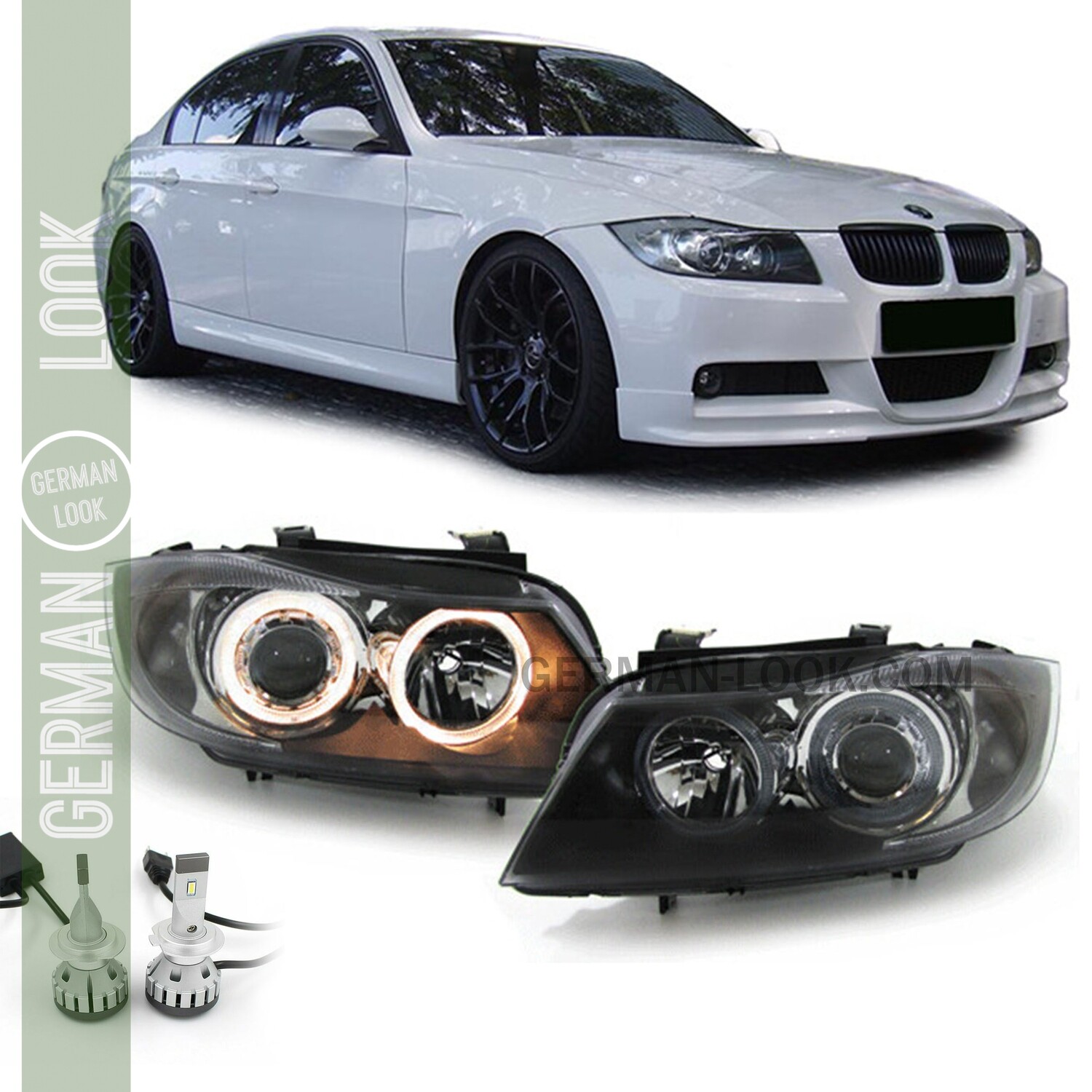 Paire de phares Angel Eyes BMW Série 3 E90 E91 (2005-2008) – LED Raptor 6500K