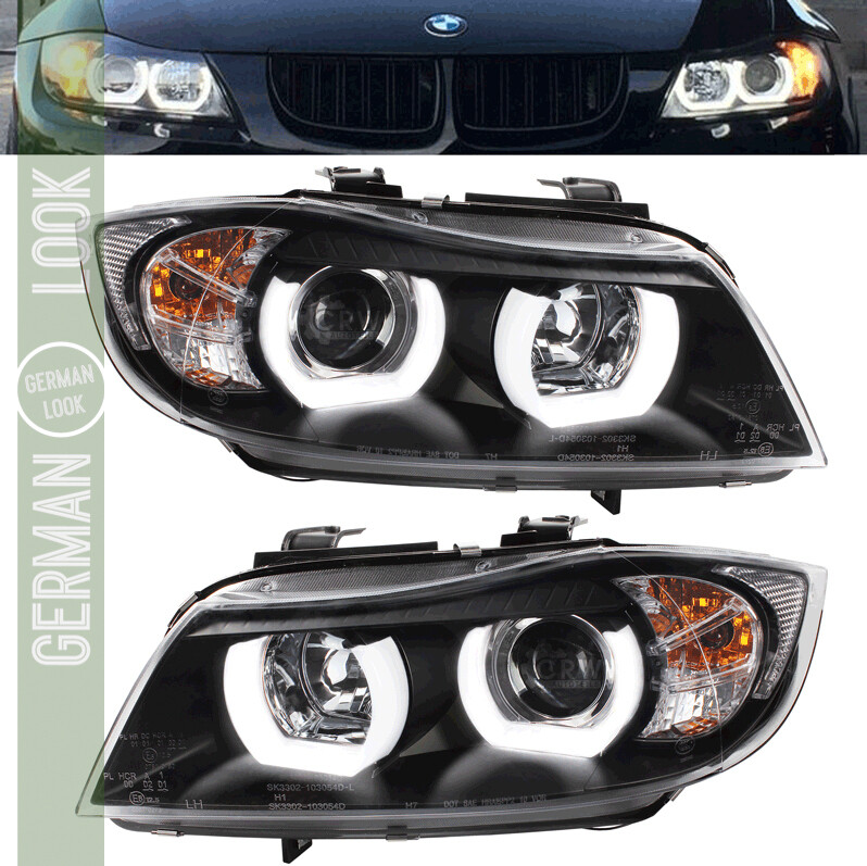 Phares 3D LED Angel Eyes BMW Série 3 E90 E91 2005-2008 noir – Look Xénon OEM premium