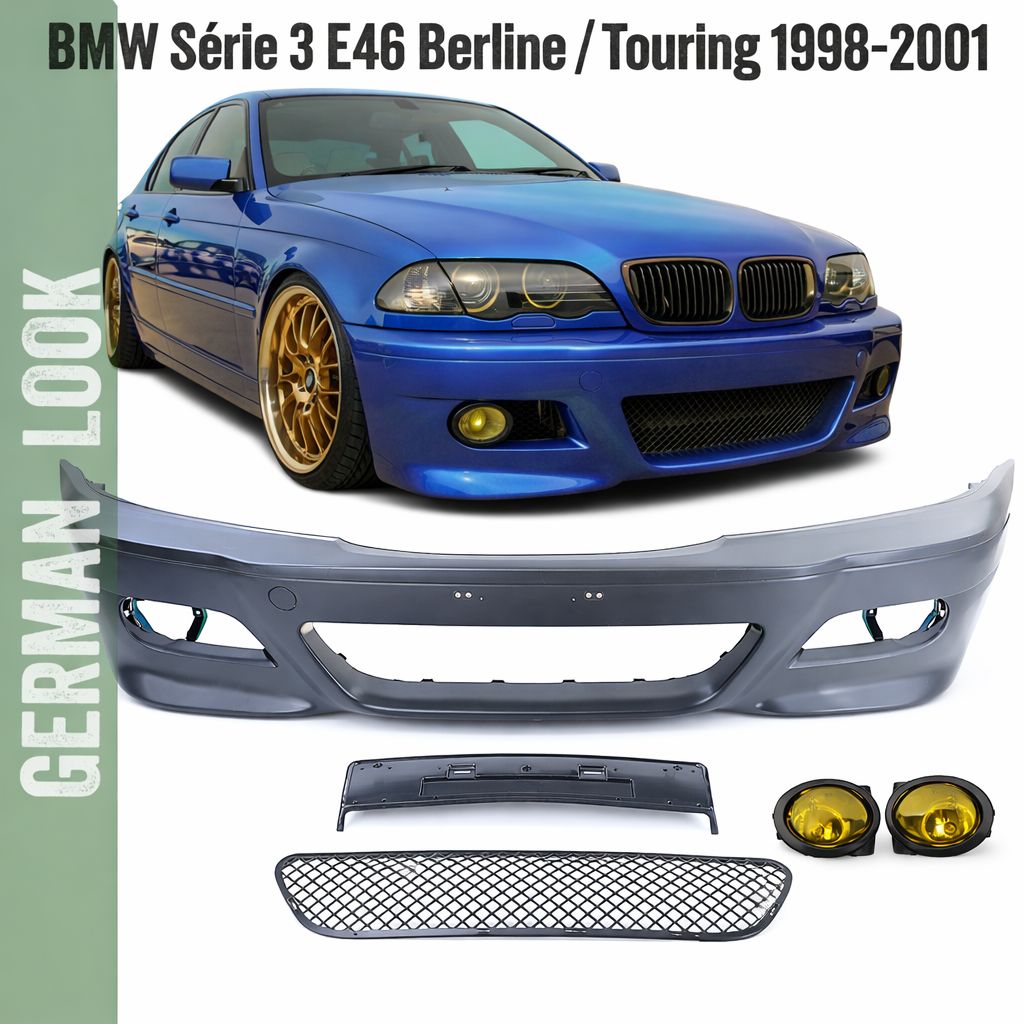 Pare-chocs avant BMW Série 3 E46 Look M3 – Berline & Touring 1998-2005 avec antibrouillards jaunes ABS Pare-chocs avant BMW Série 3 E46 Look M3 – Berline & Touring 1998-2005 avec antibrouillards jaunes ABS
