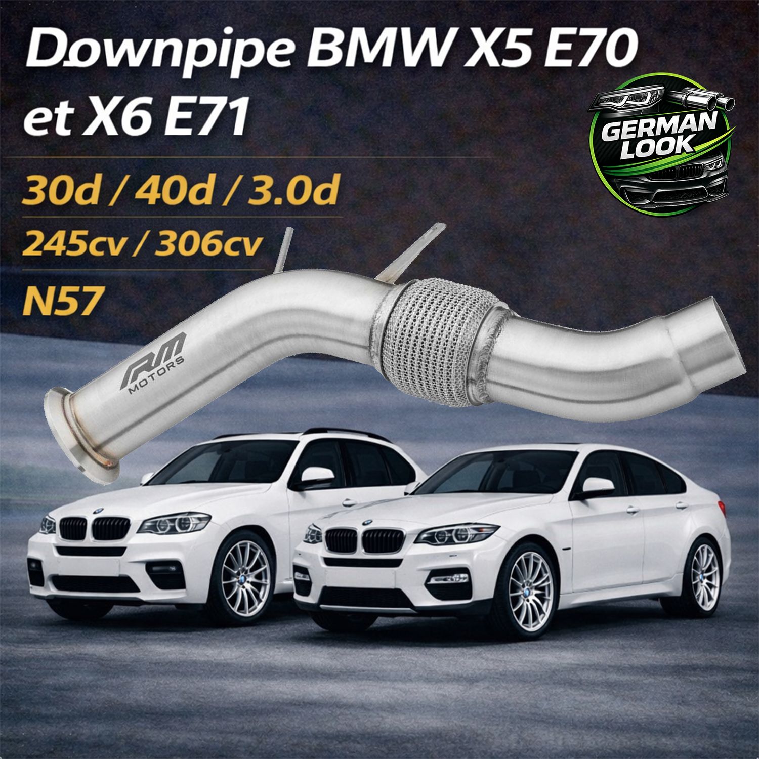 Downpipe BMW X5 E70 X6 E71 30d 40d N57 Inox 76mm RM Motors sans adblue