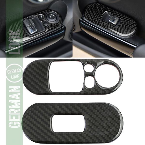 Caches en carbone pour interrupteurs de lève-vitre adaptables sur Mini F56 à partir de 2014 Caches en carbone pour interrupteurs de lève-vitre adaptables sur Mini F56 à partir de 2014