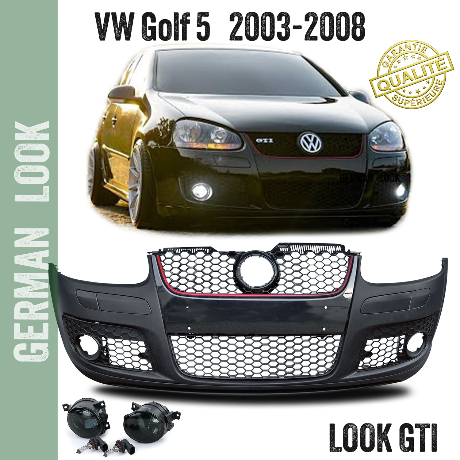 Pare chocs avant Look GTI + grilles nid d'abeille pour VW Golf 5 + Antibrouillards noir Pare chocs avant Look GTI + grilles nid d'abeille pour VW Golf 5 + Antibrouillards noir