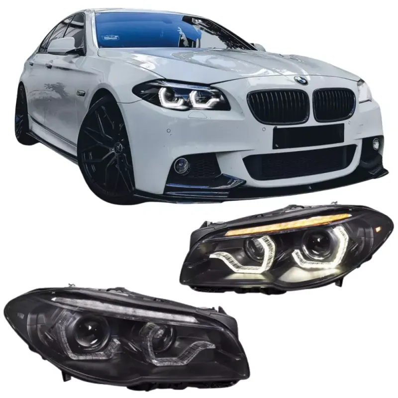 Phares avant Xénon BMW Série 5 F10 F11 2010-2013 Angel Eyes LED 3D Noir