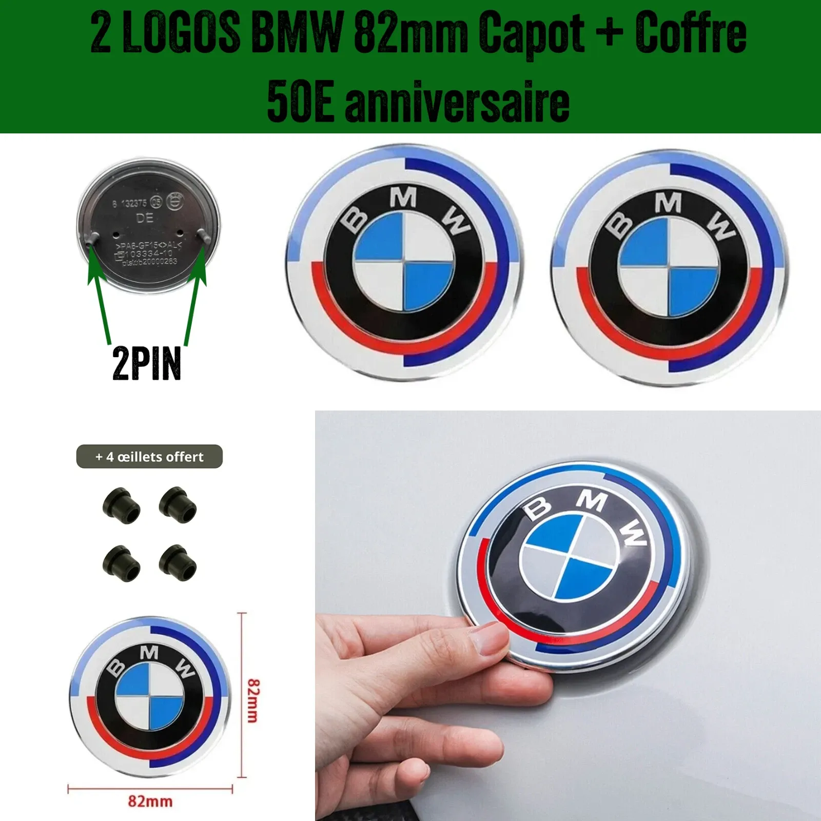 2x Logo Insigne emblème pour Capot + Coffre BMW de 82mm BMW 50Eme anniversaire