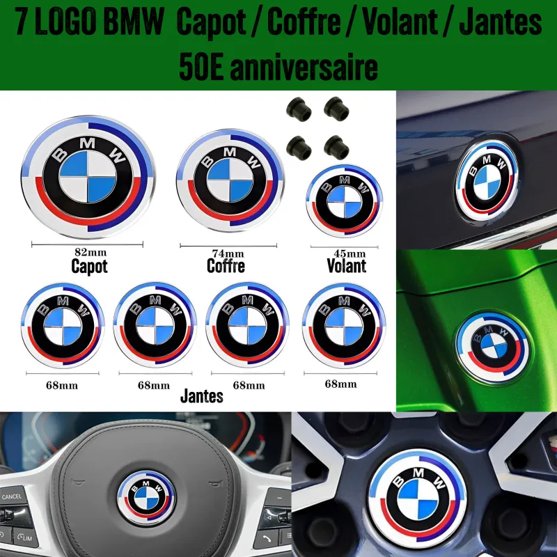 7 LOGO Emblème BMW 50E Anniversaire 4X 68mm + 1X 82mm + 1X 74mm + Volant 1x 45mm