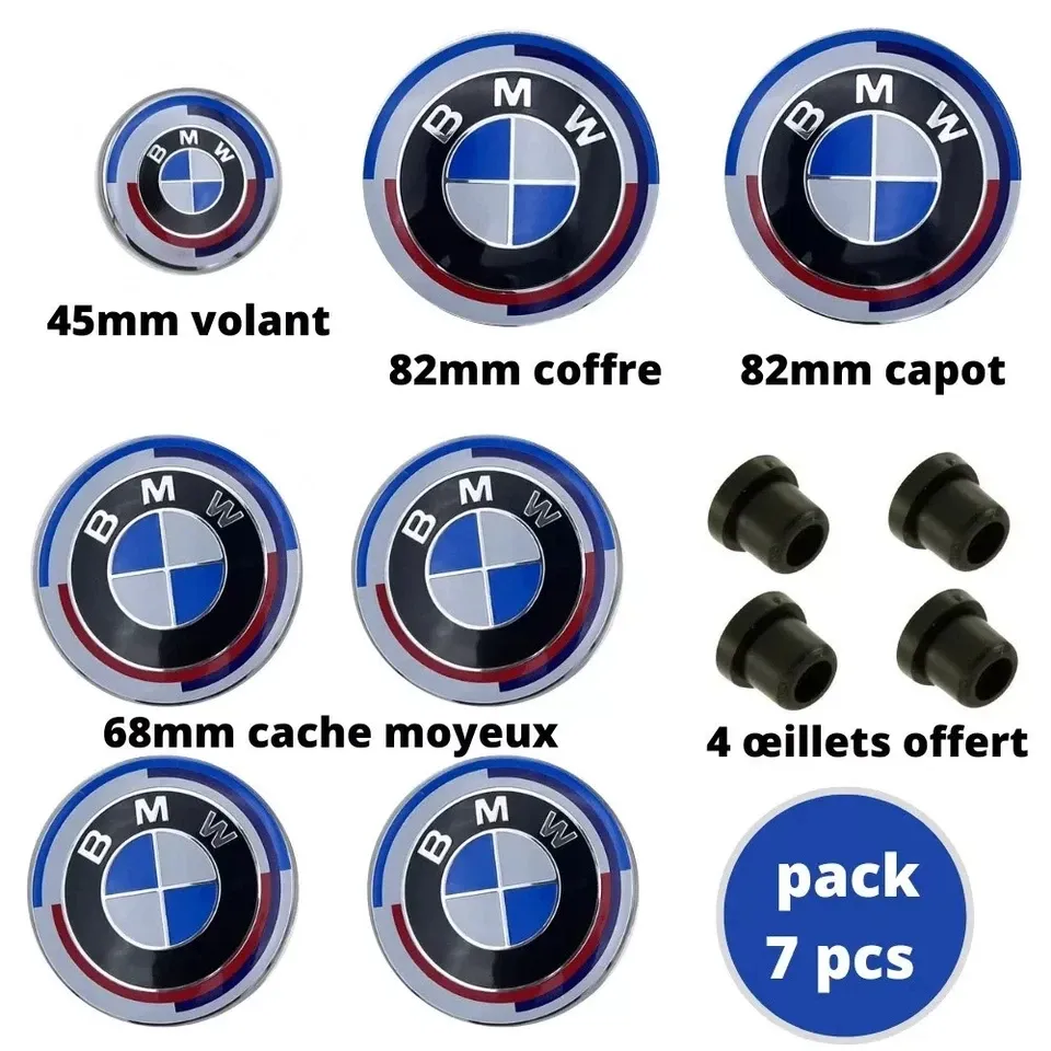 7 LOGO Emblème badge BMW 50E Anniversaire 4X 68mm + 2X 82mm + Volant 1x 45mm